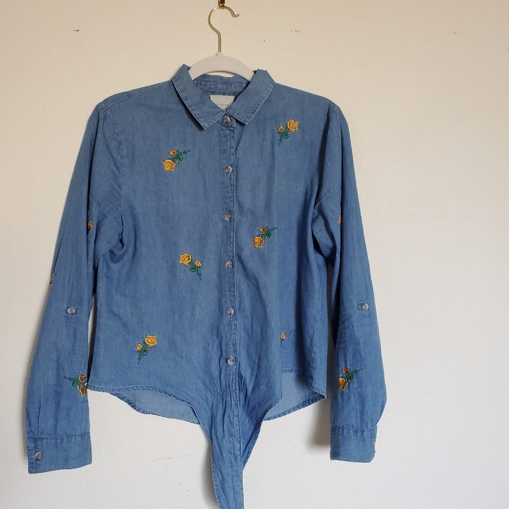 Embroidered denim long sleeve shirt